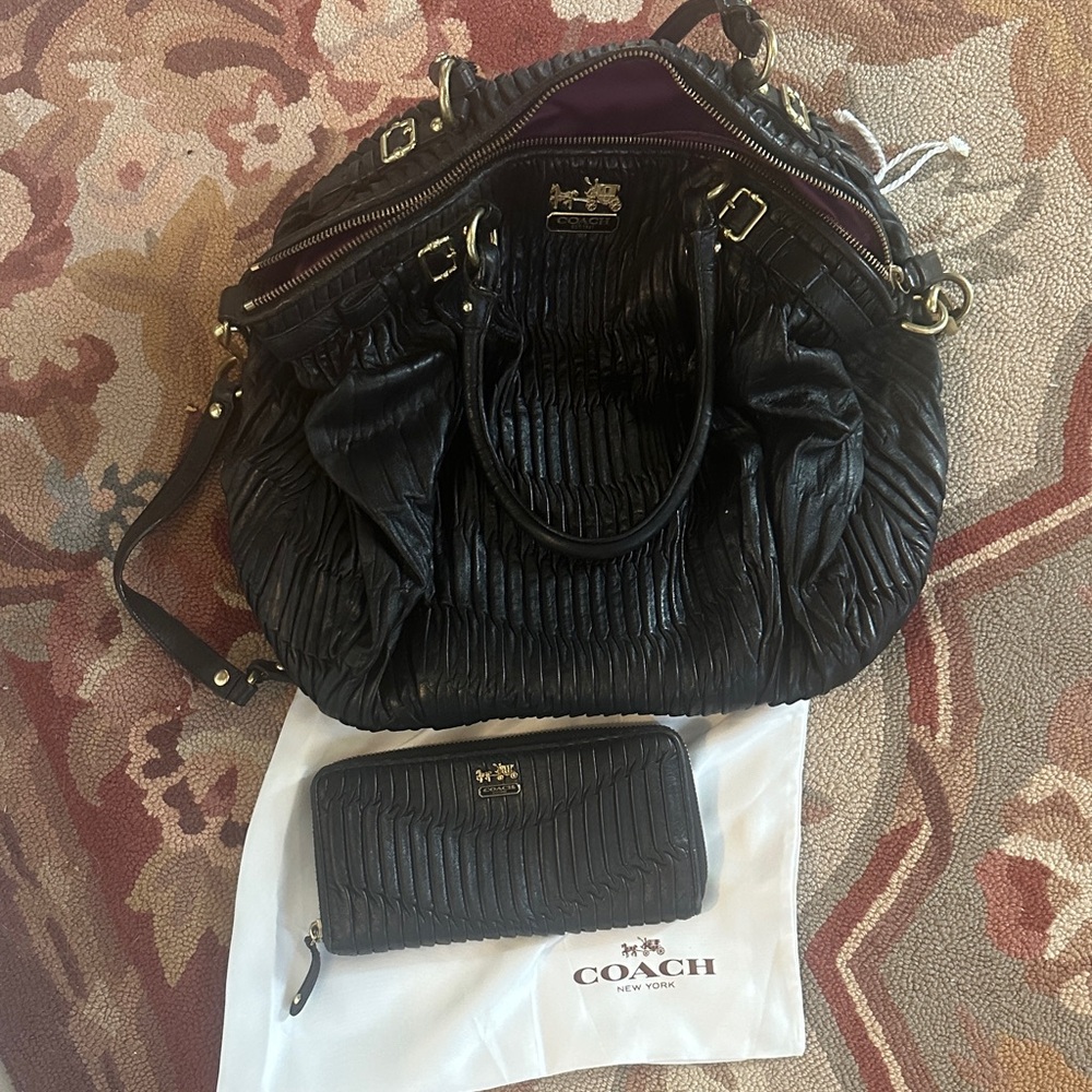 Coach Black Pleated Leather Shoulder Bag and Wallet